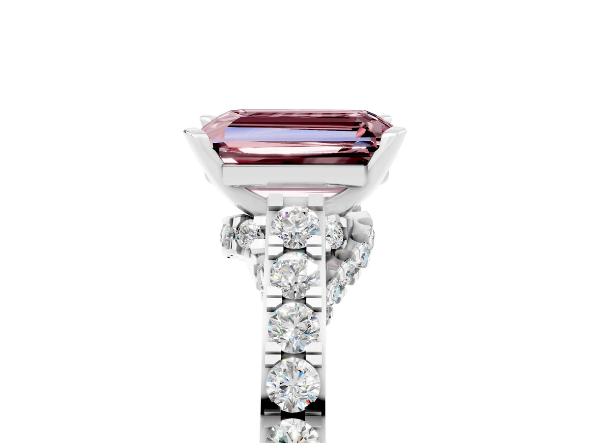Emerald Cut Morganite Solitaire Ring in Silver with Crossover Gallery and Round Pavé Band_5
