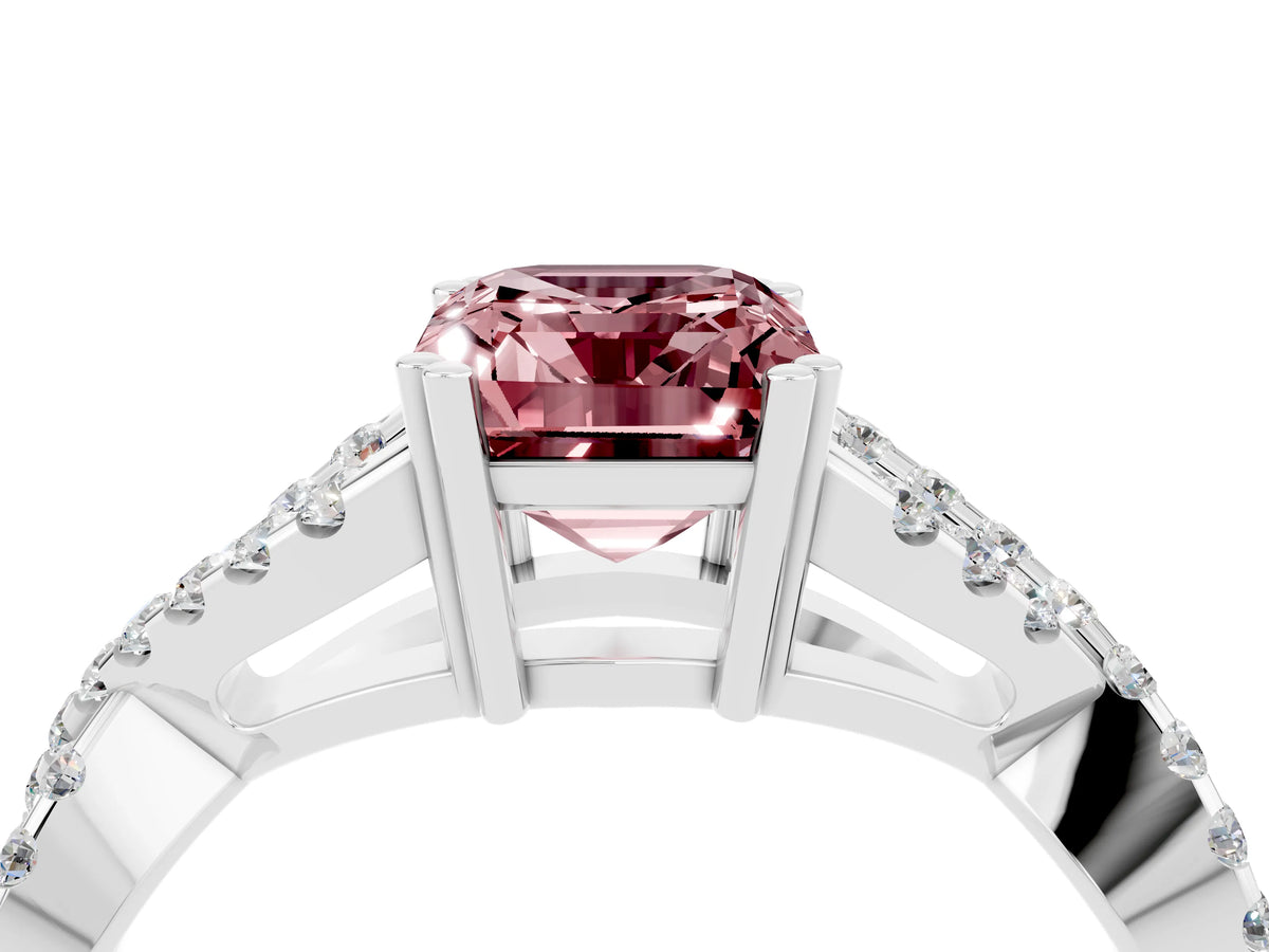 Emerald Cut Morganite Solitaire Ring in Silver with Interwoven Pavé Band and Prong Setting_10