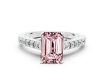 Emerald Cut Morganite Solitaire Ring in White gold with Crossover Gallery and Round Pavé Band