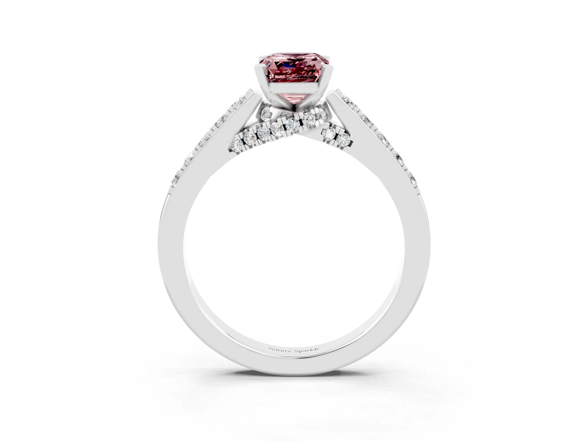 Emerald Cut Morganite Solitaire Ring in White gold with Crossover Gallery and Round Pavé Band_3