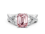 Emerald Cut Morganite Solitaire Ring in White gold with Interwoven Pavé Band and Prong Setting