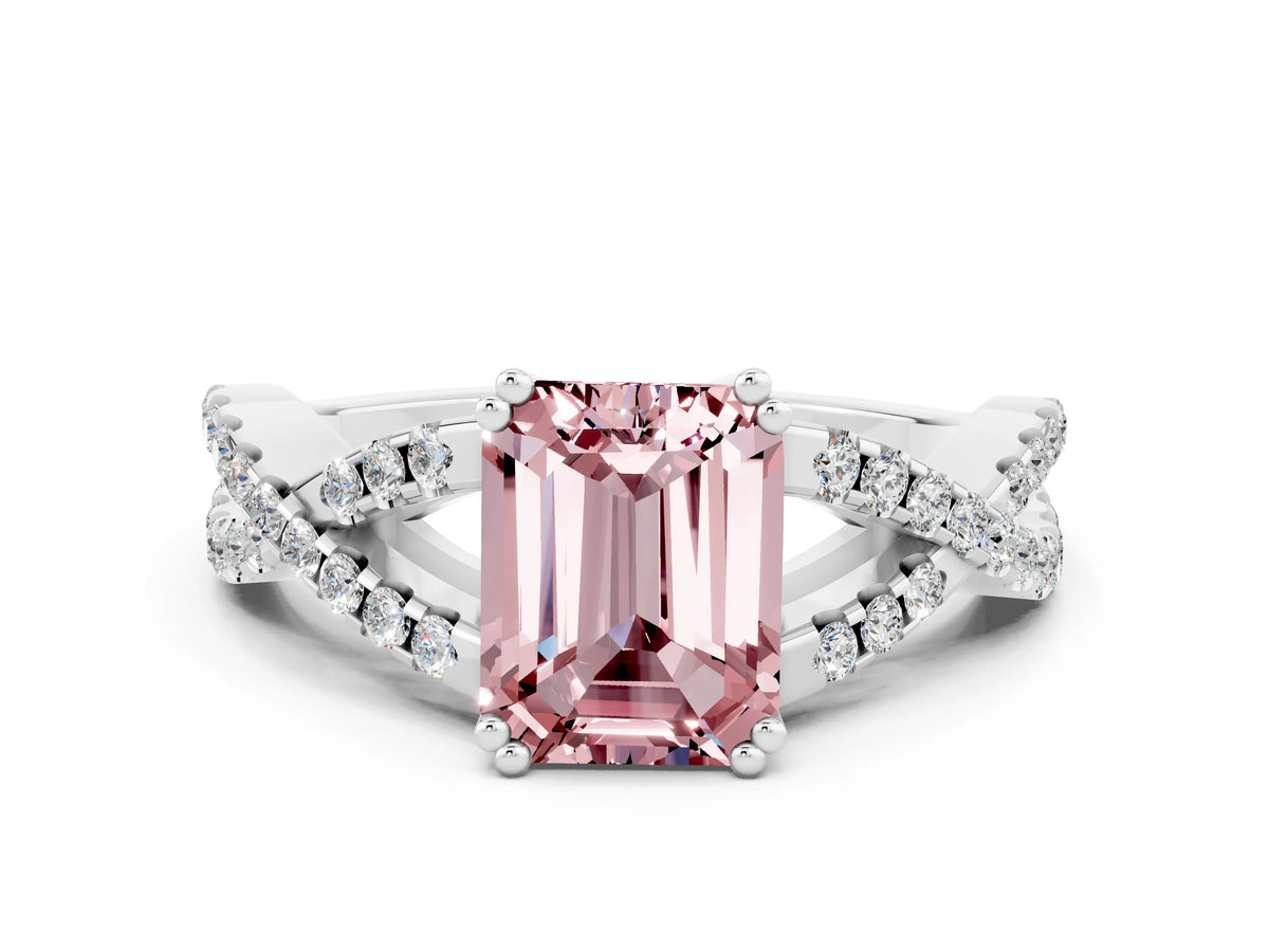 Emerald Cut Morganite Solitaire Ring in White gold with Interwoven Pavé Band and Prong Setting