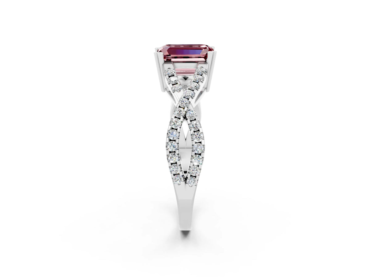 Emerald Cut Morganite Solitaire Ring in White gold with Interwoven Pavé Band and Prong Setting_2