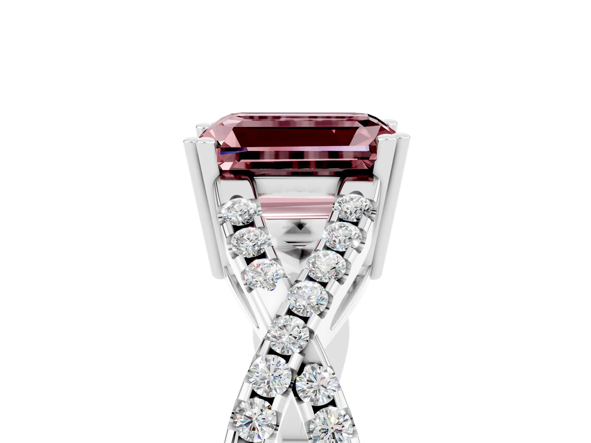 Emerald Cut Morganite Solitaire Ring in White gold with Interwoven Pavé Band and Prong Setting_5
