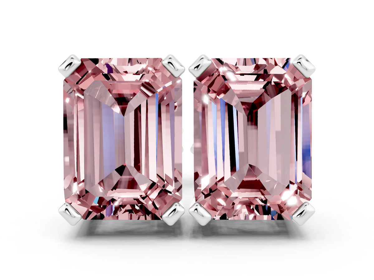 Emerald Cut Morganite Stud Earrings in White gold with Basket Setting