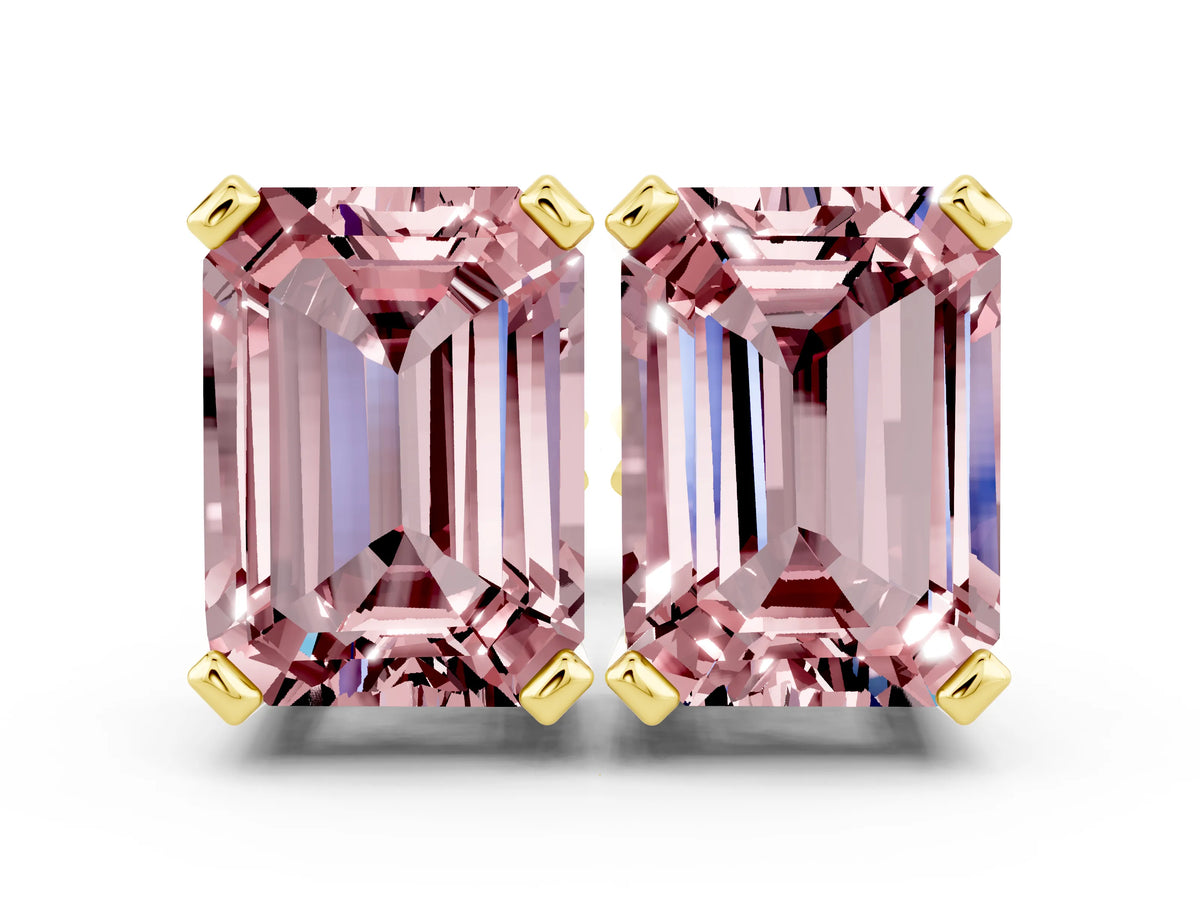 Emerald Cut Morganite Stud Earrings in Yellow gold with Basket Setting