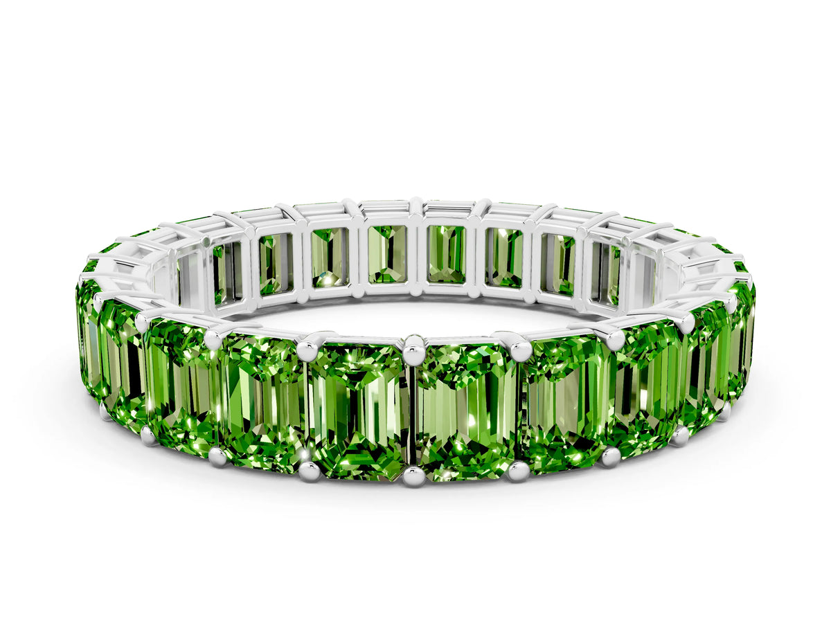 Emerald Cut Peridot Eternity Band in White gold with Aligned Shared Prong Setting