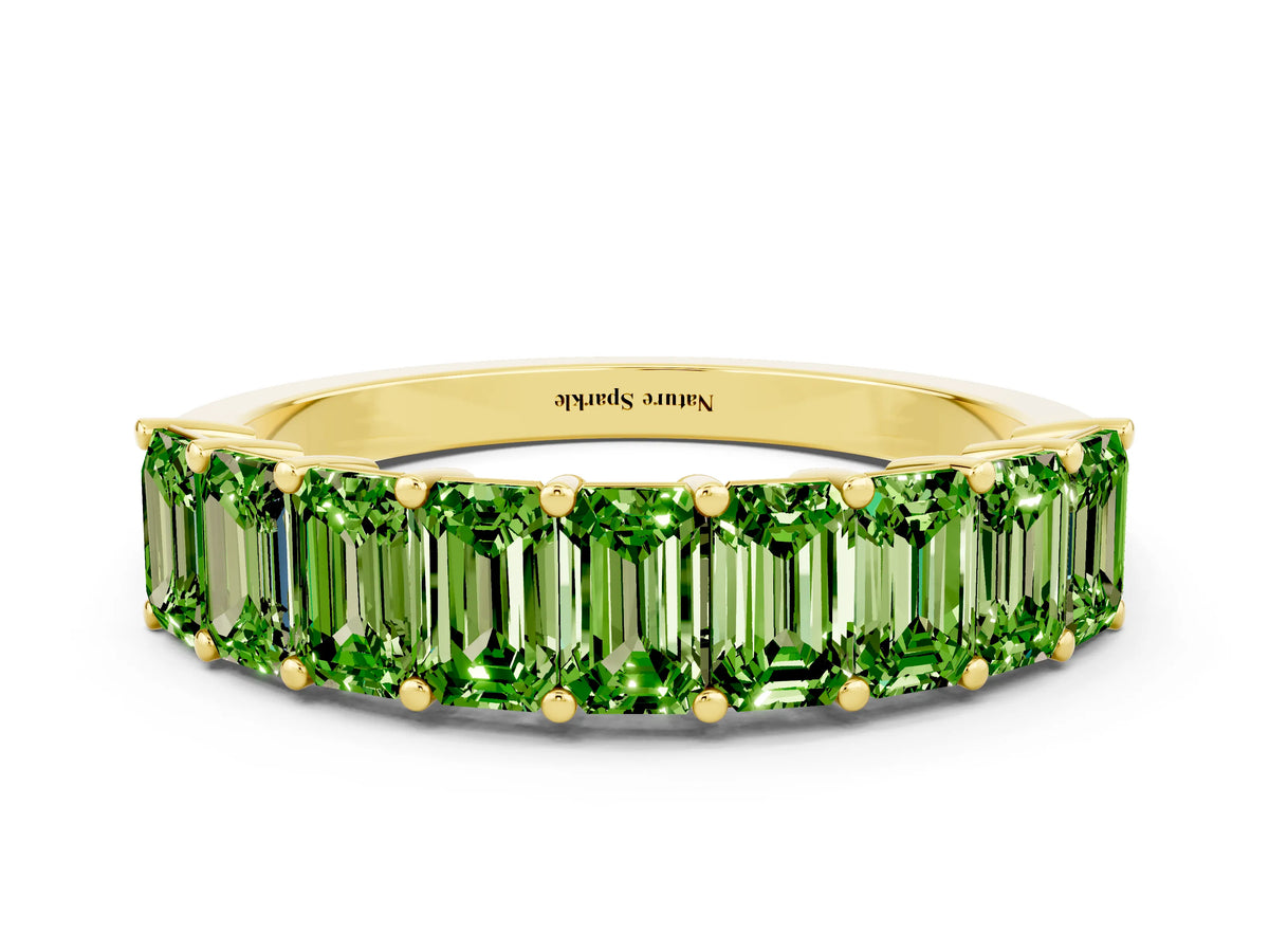 Emerald Cut Peridot Eternity Band in Yellow gold with Prong Setting