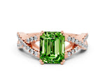 Emerald Cut Peridot Solitaire Ring in Rose gold with Interwoven Pavé Band and Prong Setting