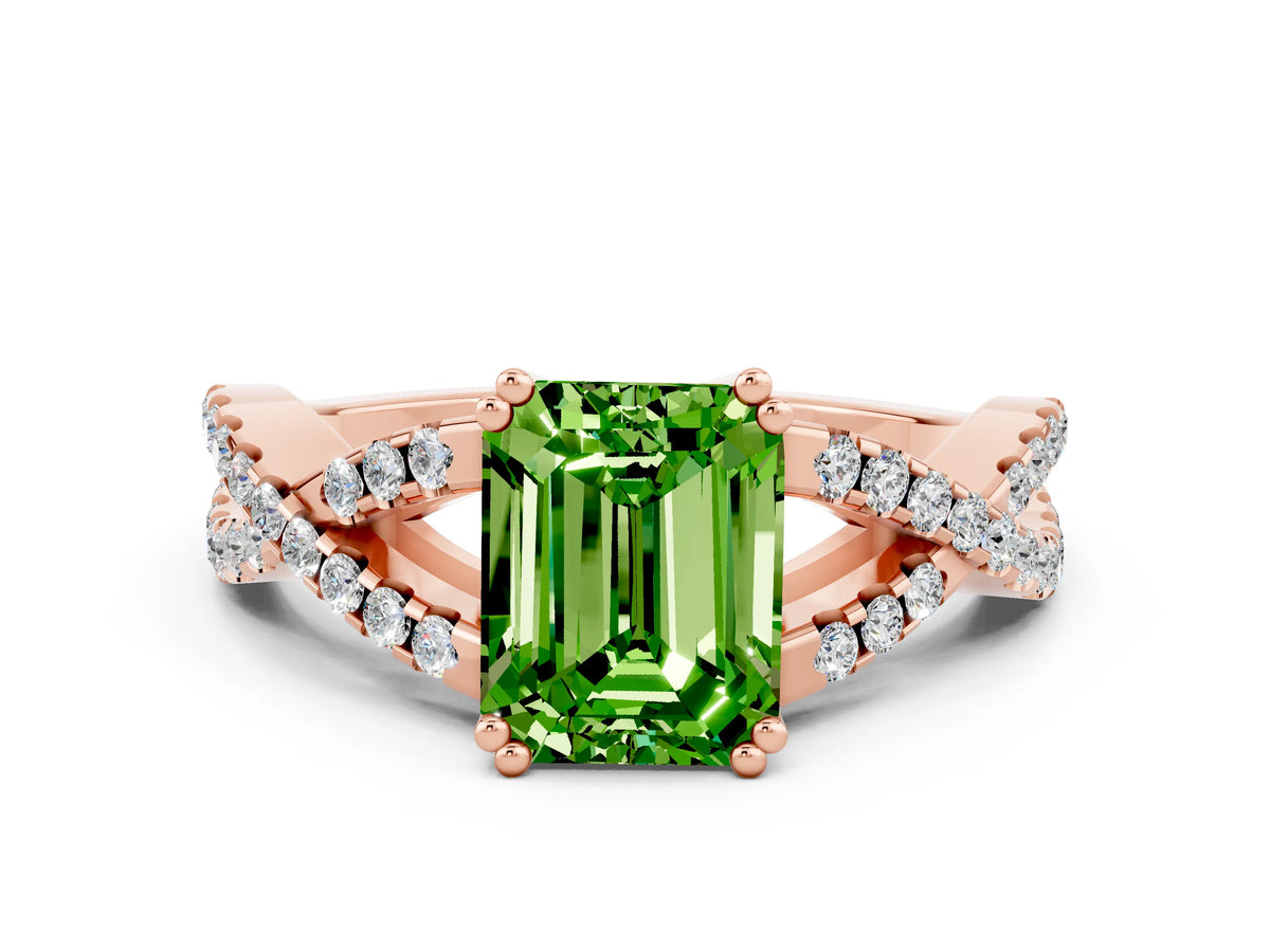 Emerald Cut Peridot Solitaire Ring in Rose gold with Interwoven Pavé Band and Prong Setting
