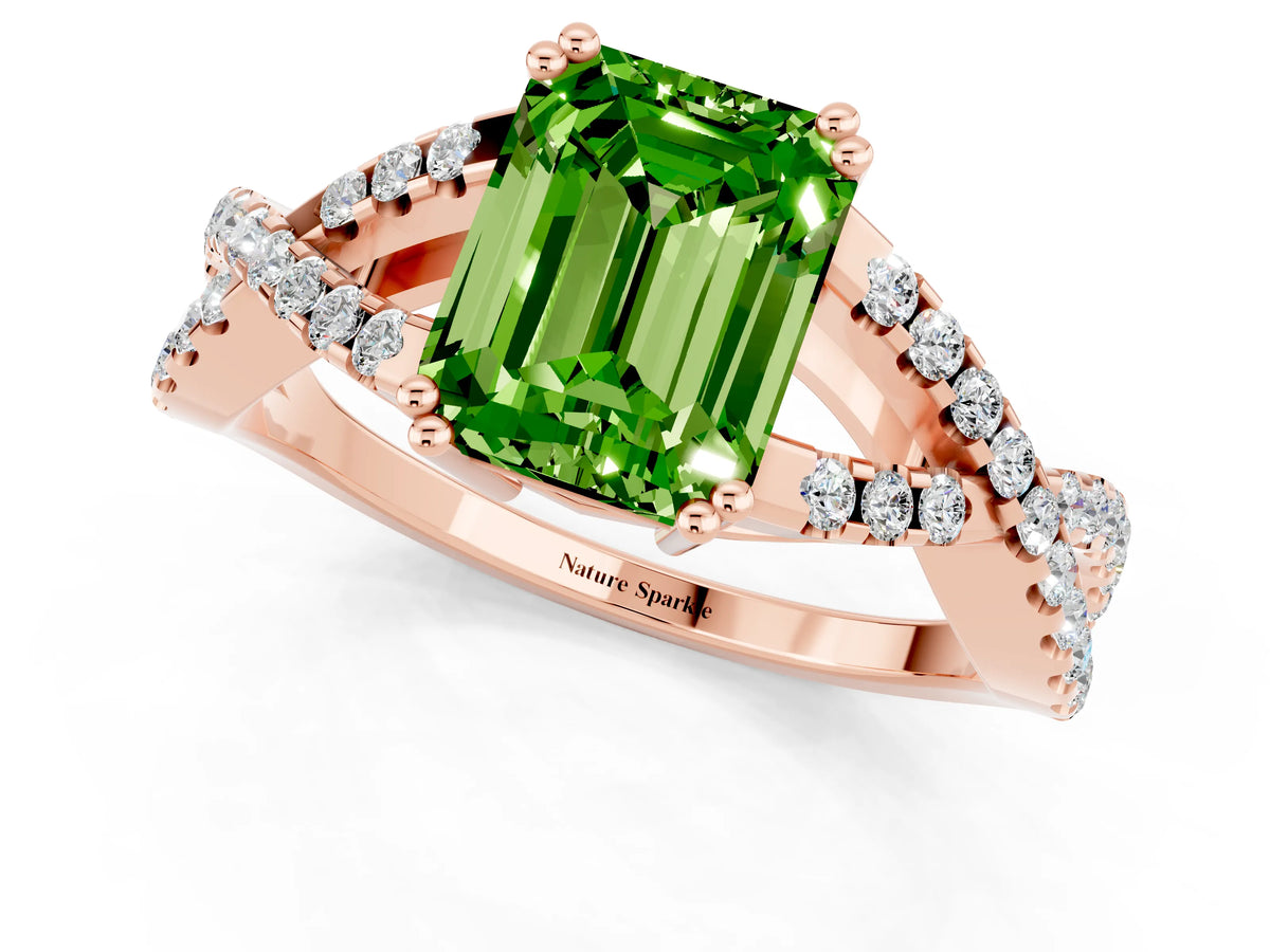 Emerald Cut Peridot Solitaire Ring in Rose gold with Interwoven Pavé Band and Prong Setting_1