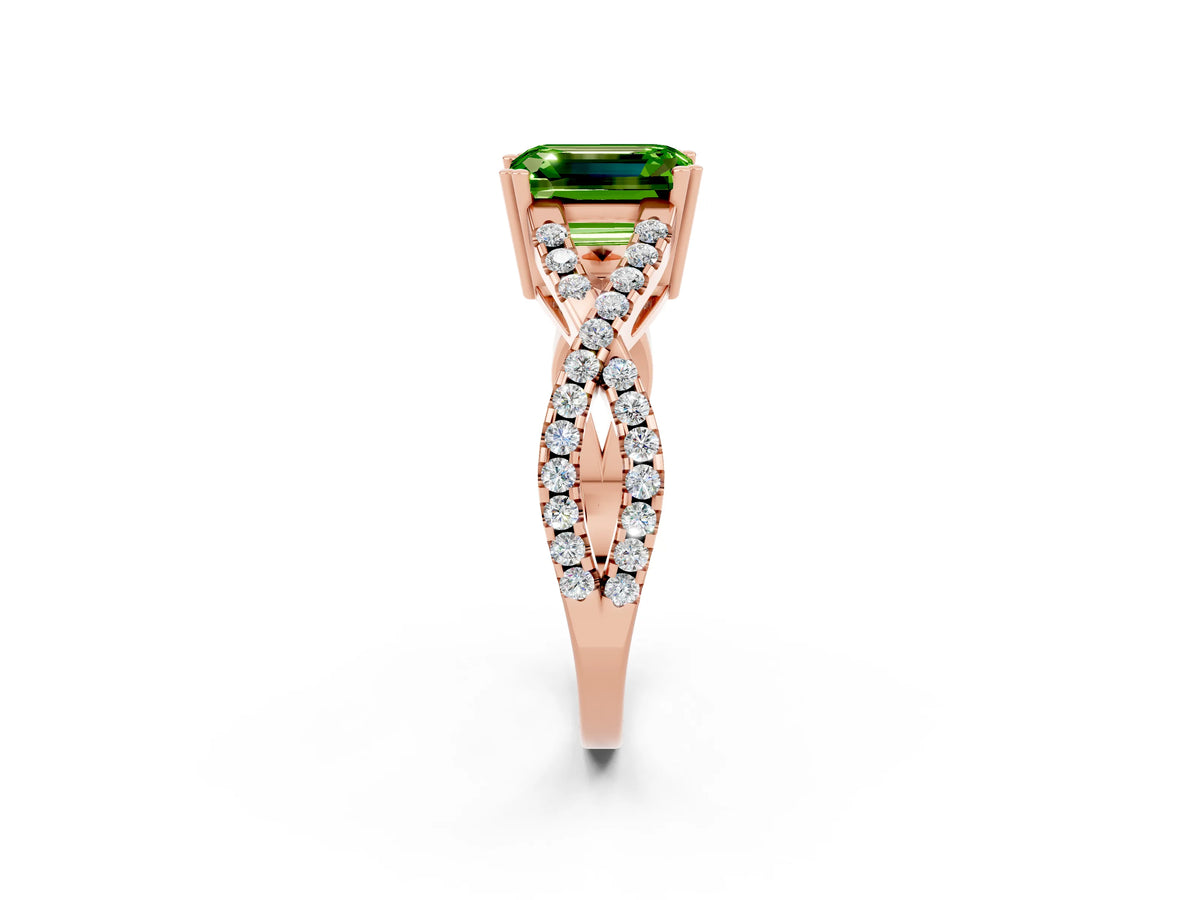 Emerald Cut Peridot Solitaire Ring in Rose gold with Interwoven Pavé Band and Prong Setting_2