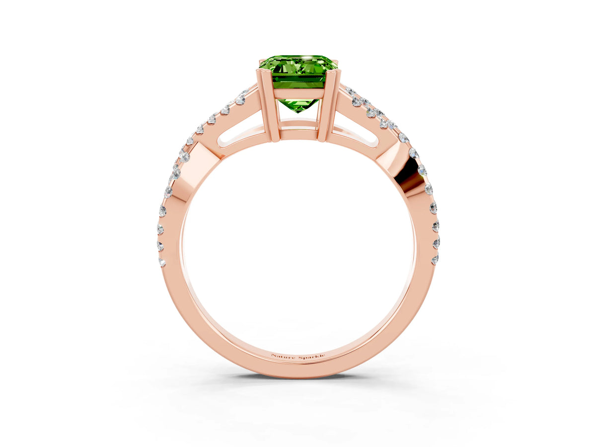 Emerald Cut Peridot Solitaire Ring in Rose gold with Interwoven Pavé Band and Prong Setting_3