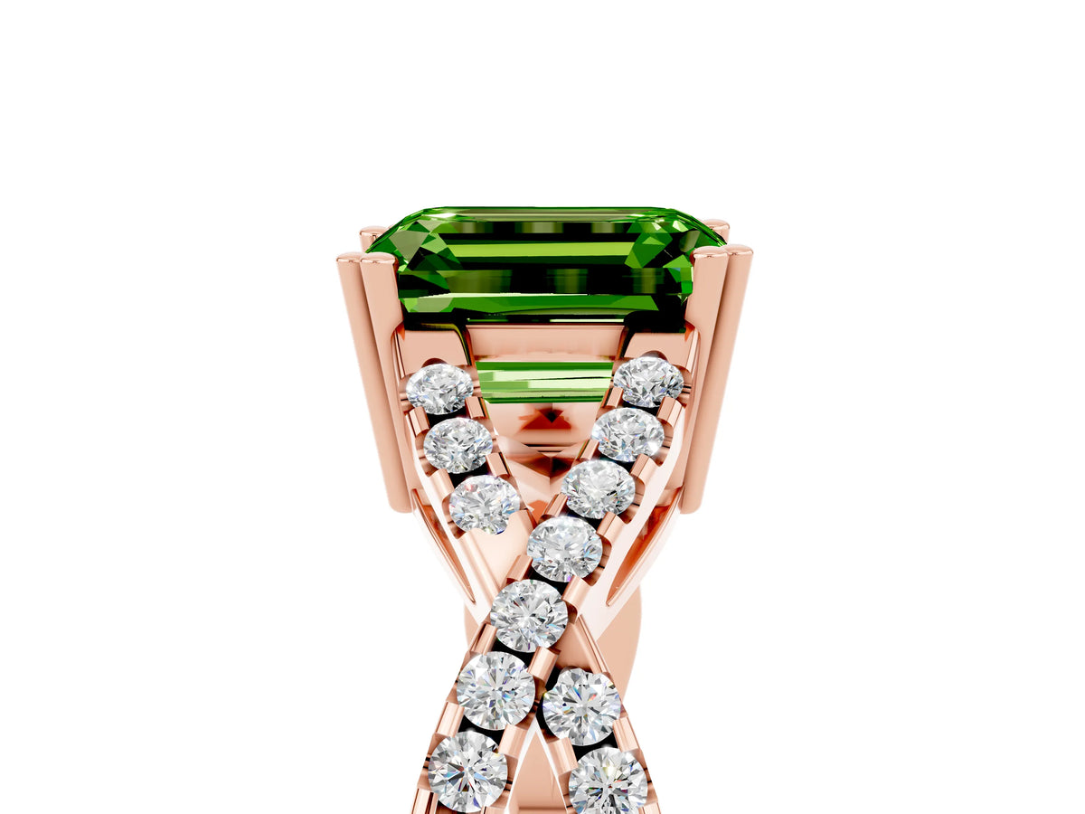 Emerald Cut Peridot Solitaire Ring in Rose gold with Interwoven Pavé Band and Prong Setting_5