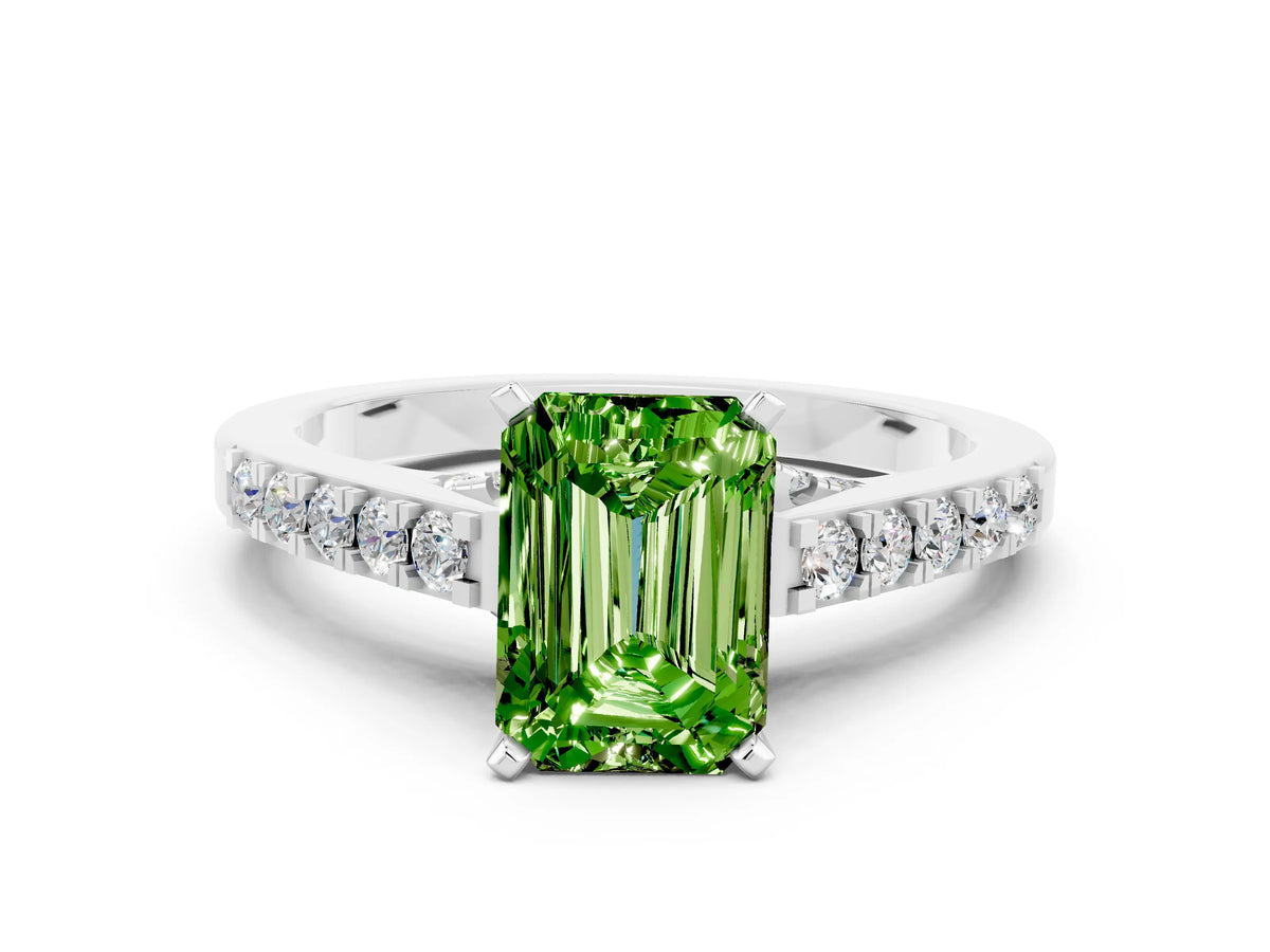Emerald Cut Peridot Solitaire Ring in Silver with Crossover Gallery and Round Pavé Band