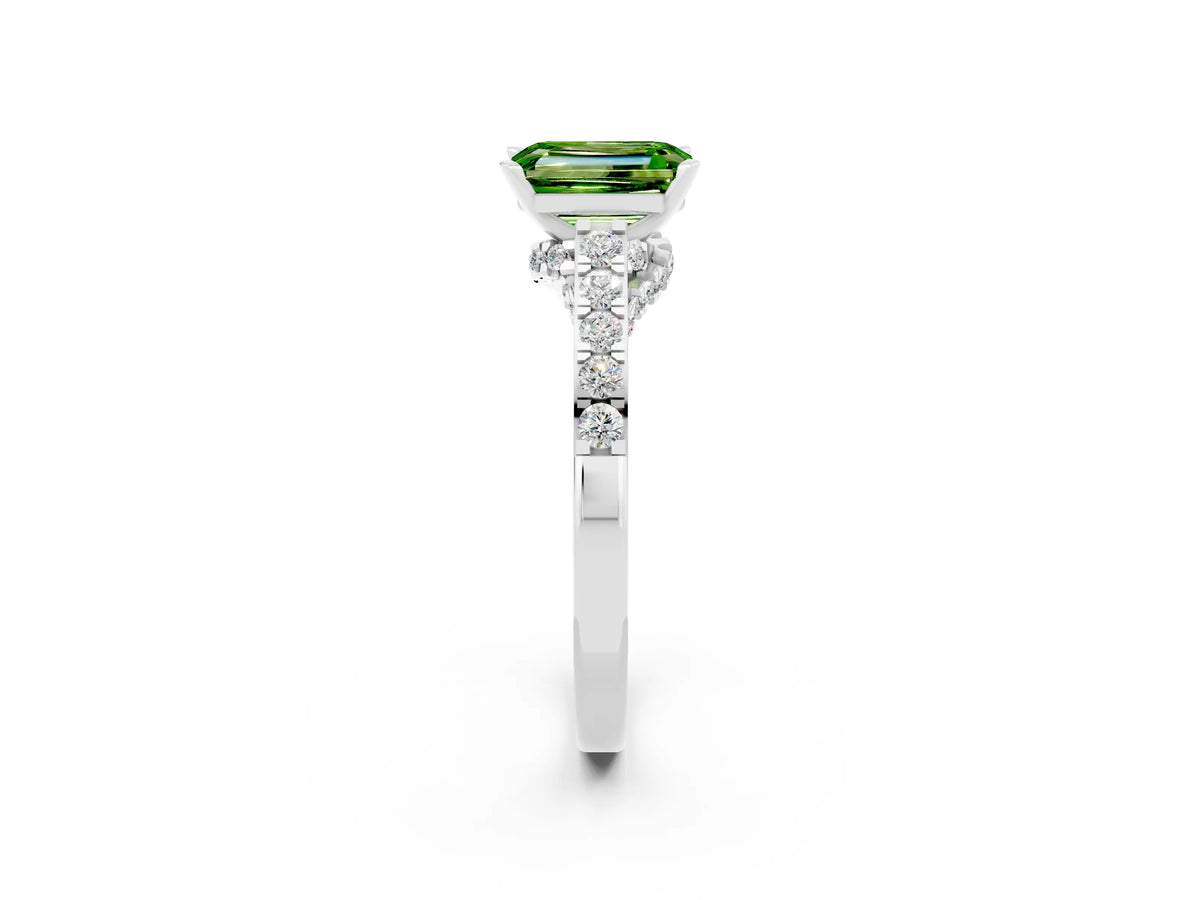 Emerald Cut Peridot Solitaire Ring in Silver with Crossover Gallery and Round Pavé Band_2