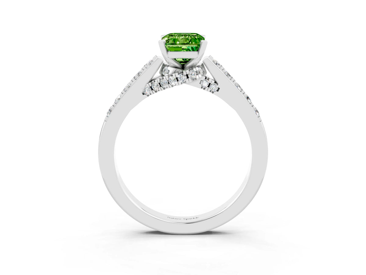 Emerald Cut Peridot Solitaire Ring in Silver with Crossover Gallery and Round Pavé Band_3