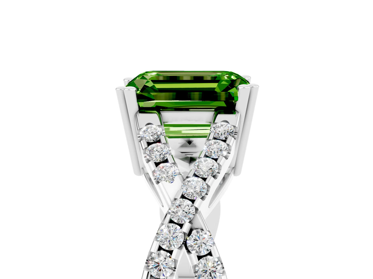 Emerald Cut Peridot Solitaire Ring in Silver with Interwoven Pavé Band and Prong Setting_11