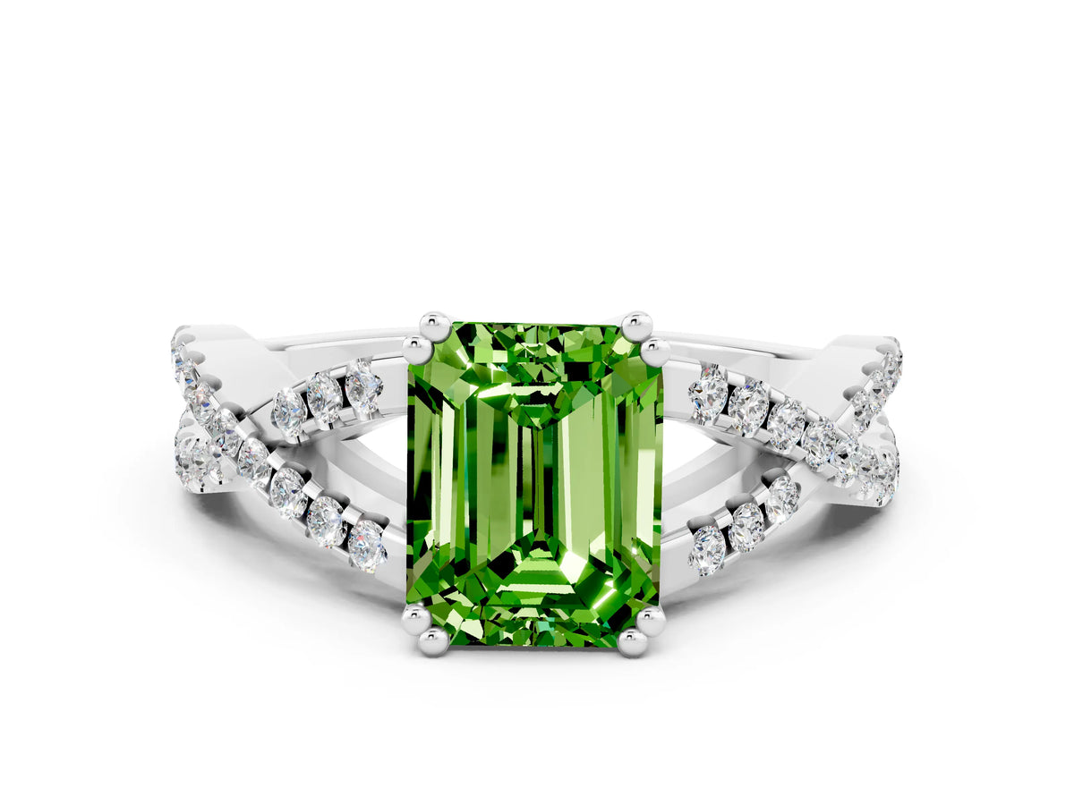 Emerald Cut Peridot Solitaire Ring in Silver with Interwoven Pavé Band and Prong Setting_6