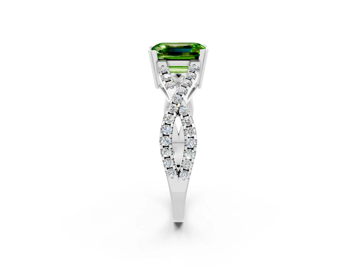 Emerald Cut Peridot Solitaire Ring in White gold with Interwoven Pavé Band and Prong Setting_2
