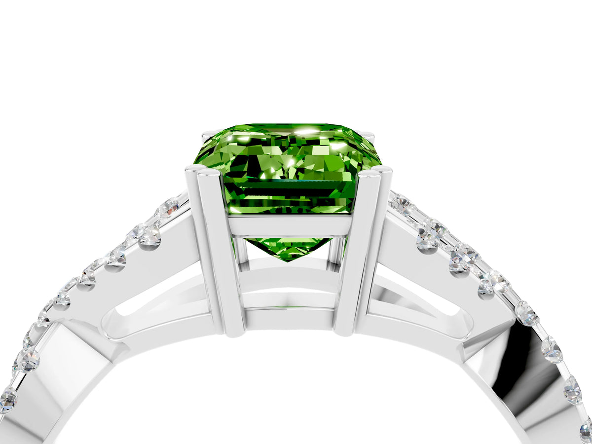 Emerald Cut Peridot Solitaire Ring in White gold with Interwoven Pavé Band and Prong Setting_4