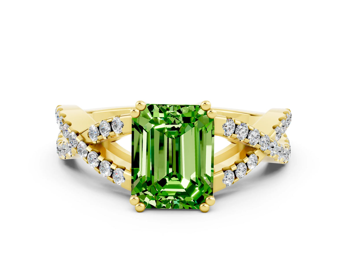 Emerald Cut Peridot Solitaire Ring in Yellow gold with Interwoven Pavé Band and Prong Setting