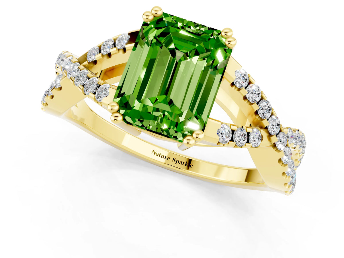 Emerald Cut Peridot Solitaire Ring in Yellow gold with Interwoven Pavé Band and Prong Setting_1