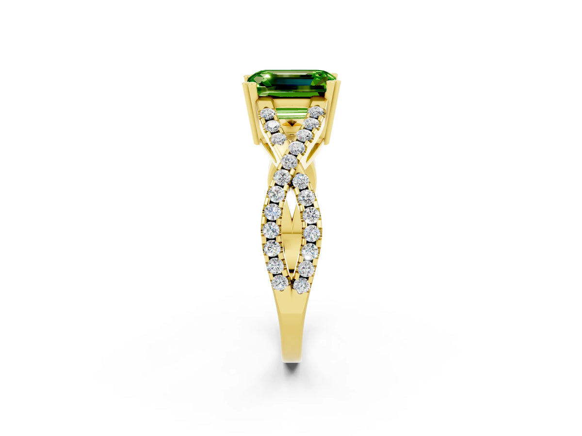 Emerald Cut Peridot Solitaire Ring in Yellow gold with Interwoven Pavé Band and Prong Setting_2
