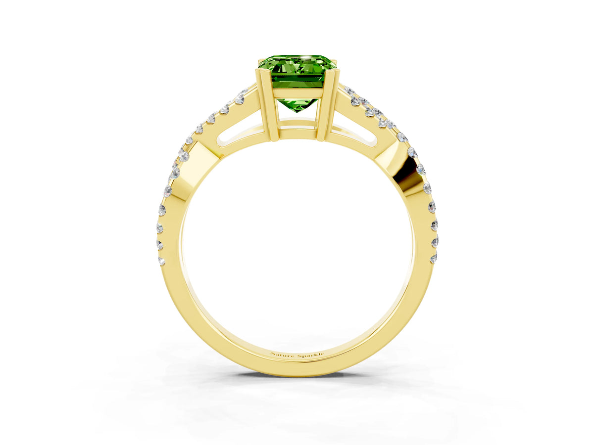 Emerald Cut Peridot Solitaire Ring in Yellow gold with Interwoven Pavé Band and Prong Setting_3