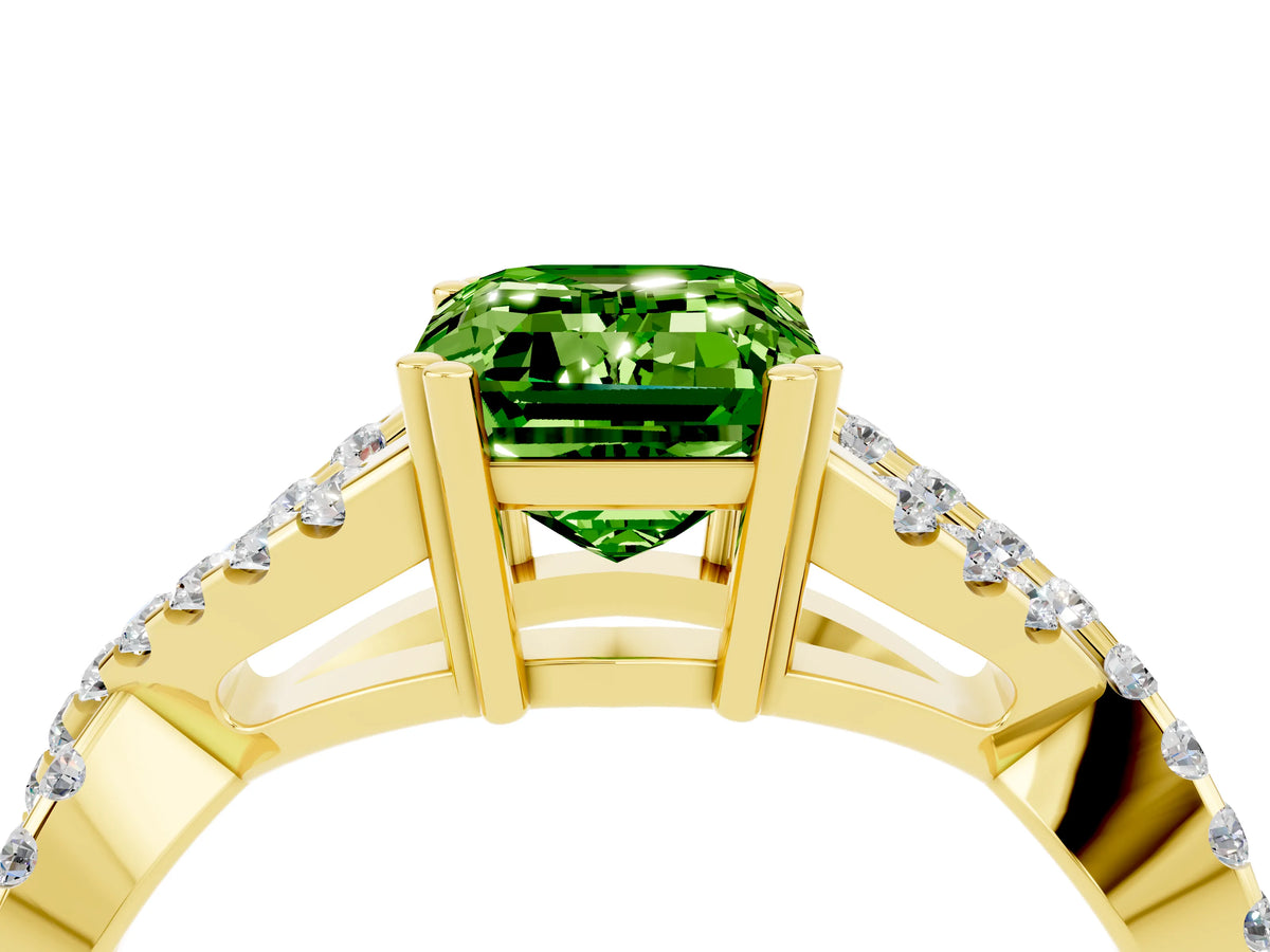 Emerald Cut Peridot Solitaire Ring in Yellow gold with Interwoven Pavé Band and Prong Setting_4