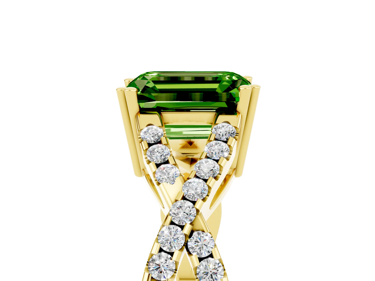Emerald Cut Peridot Solitaire Ring in Yellow gold with Interwoven Pavé Band and Prong Setting_5