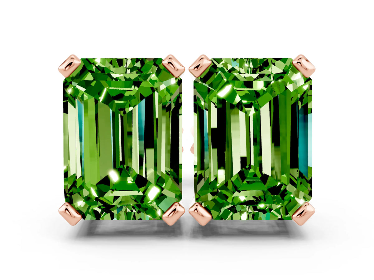 Emerald Cut Peridot Stud Earrings in Rose gold with Basket Setting