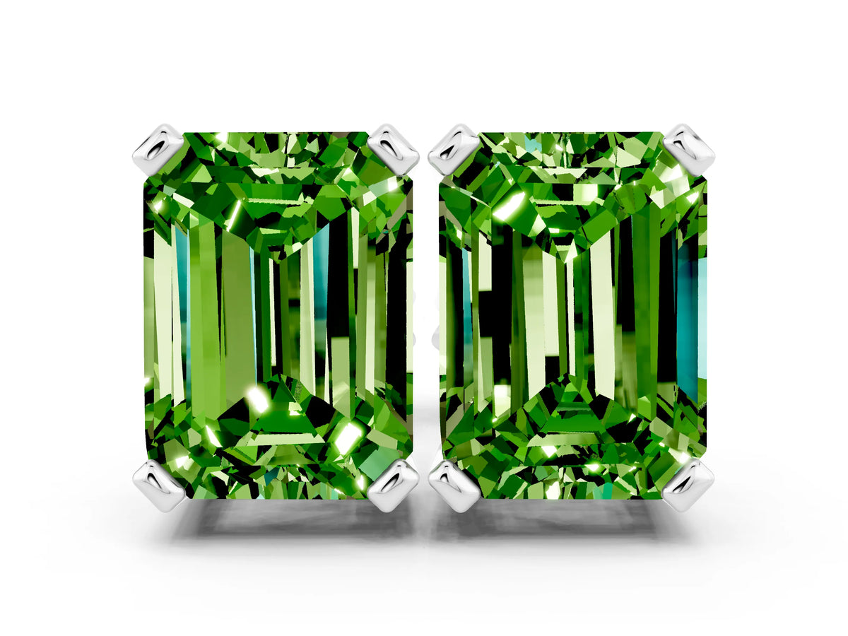 Emerald Cut Peridot Stud Earrings in White gold with Basket Setting