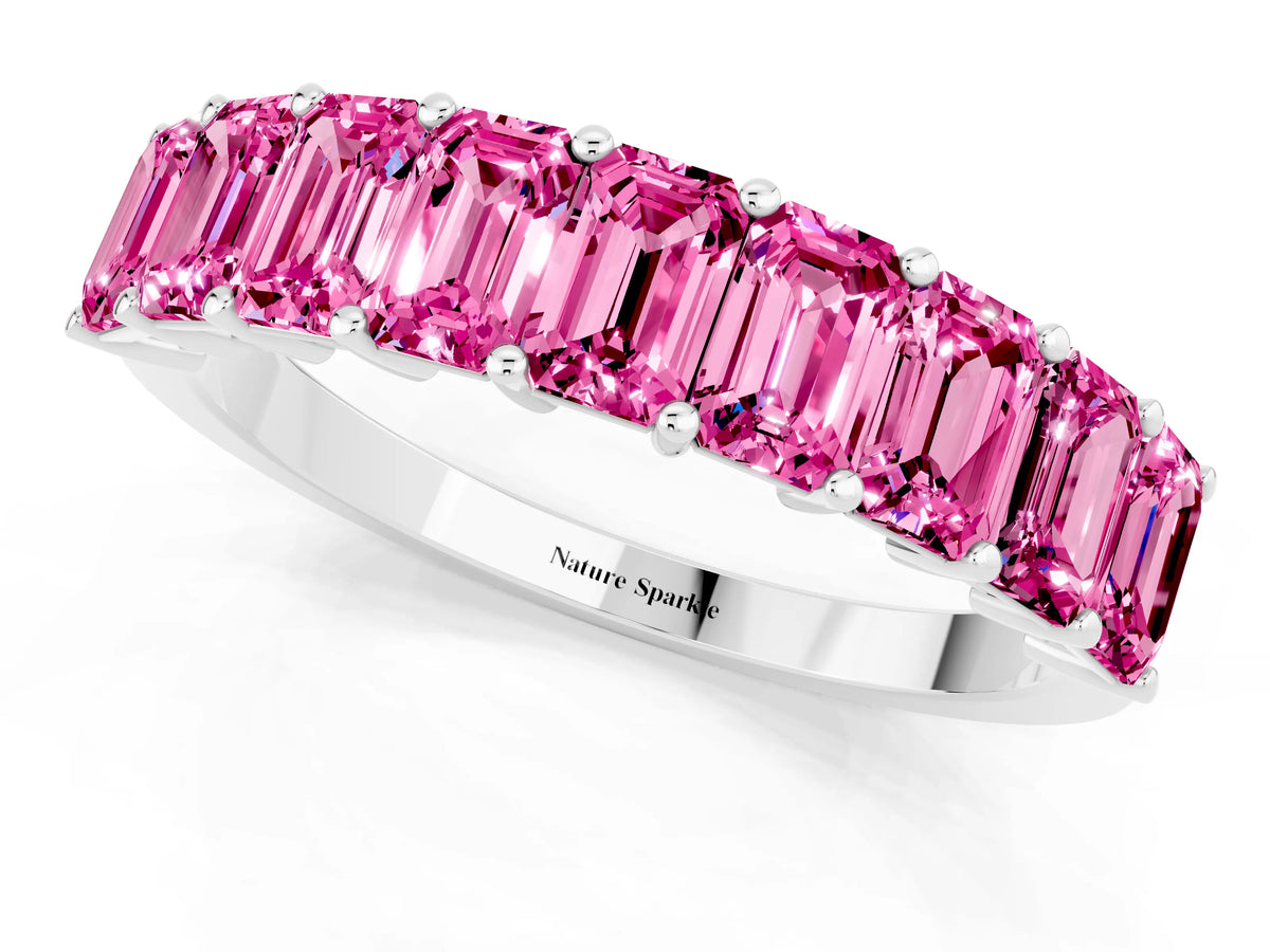 Emerald Cut Pink Sapphire Eternity Band in Platinum with Prong Setting_1