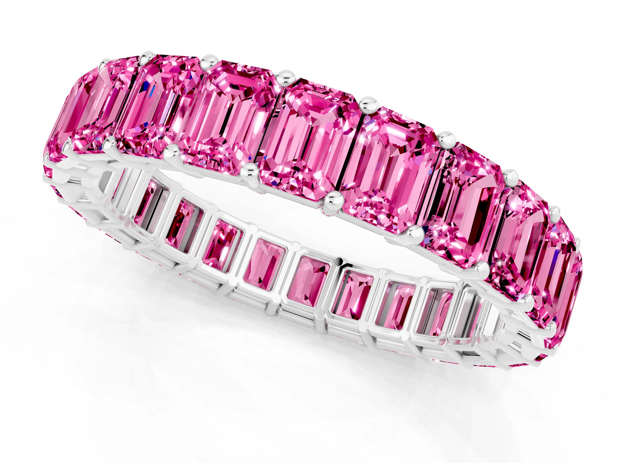 Emerald Cut Pink Sapphire Eternity Band in Silver with Aligned Shared Prong Setting_1