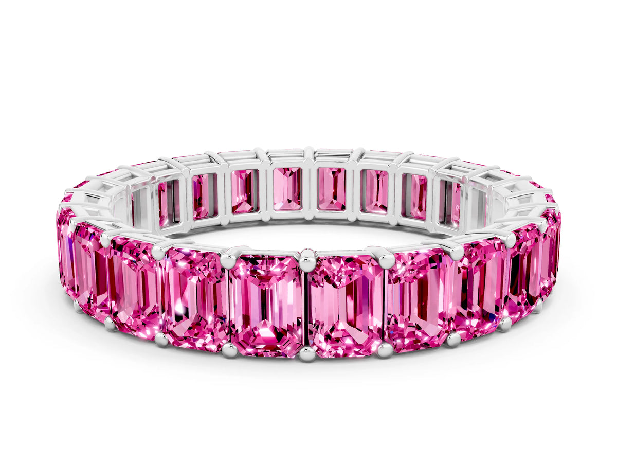 Emerald Cut Pink Sapphire Eternity Band in White gold with Aligned Shared Prong Setting