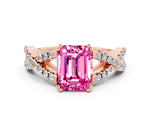 Emerald Cut Pink Sapphire Solitaire Ring in Rose gold with Interwoven Pavé Band and Prong Setting