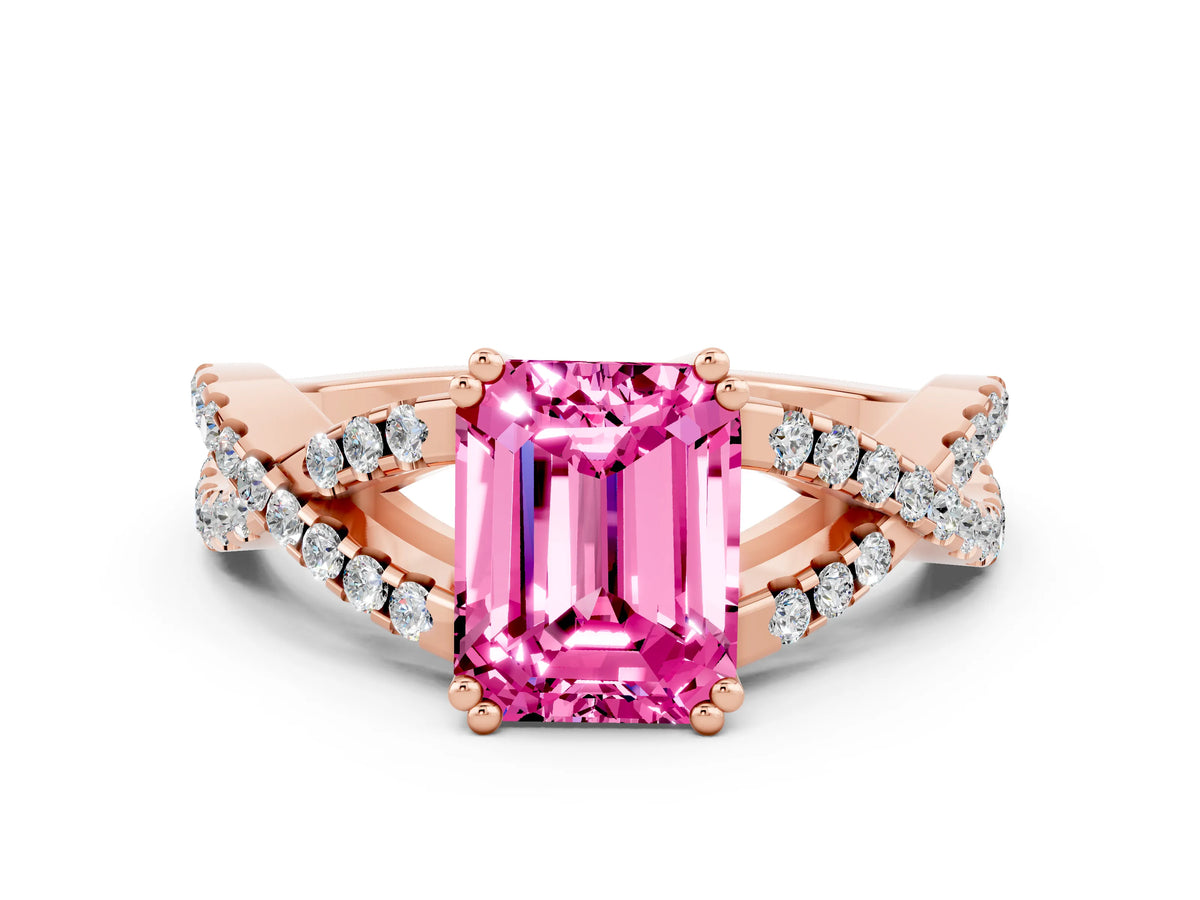Emerald Cut Pink Sapphire Solitaire Ring in Rose gold with Interwoven Pavé Band and Prong Setting