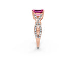 Emerald Cut Pink Sapphire Solitaire Ring in Rose gold with Interwoven Pavé Band and Prong Setting_2