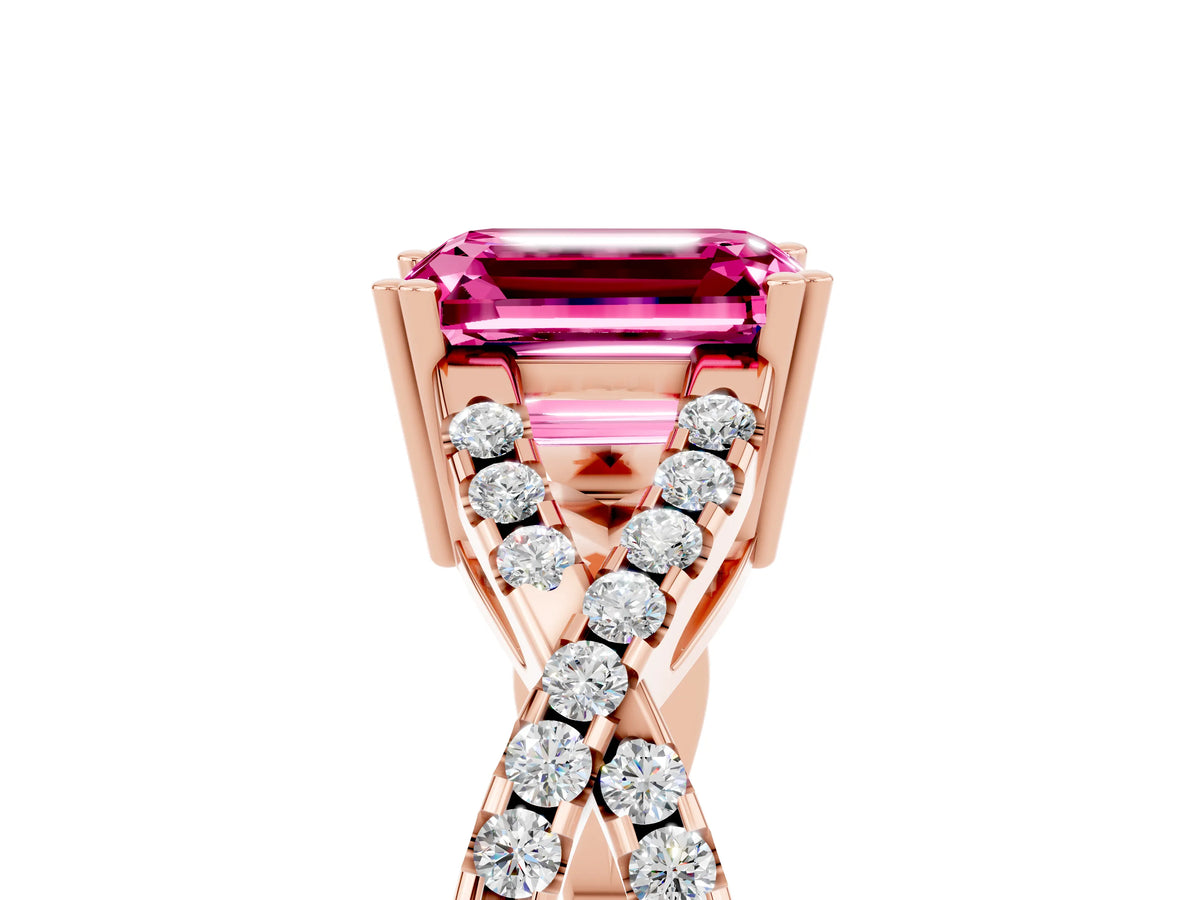 Emerald Cut Pink Sapphire Solitaire Ring in Rose gold with Interwoven Pavé Band and Prong Setting_5