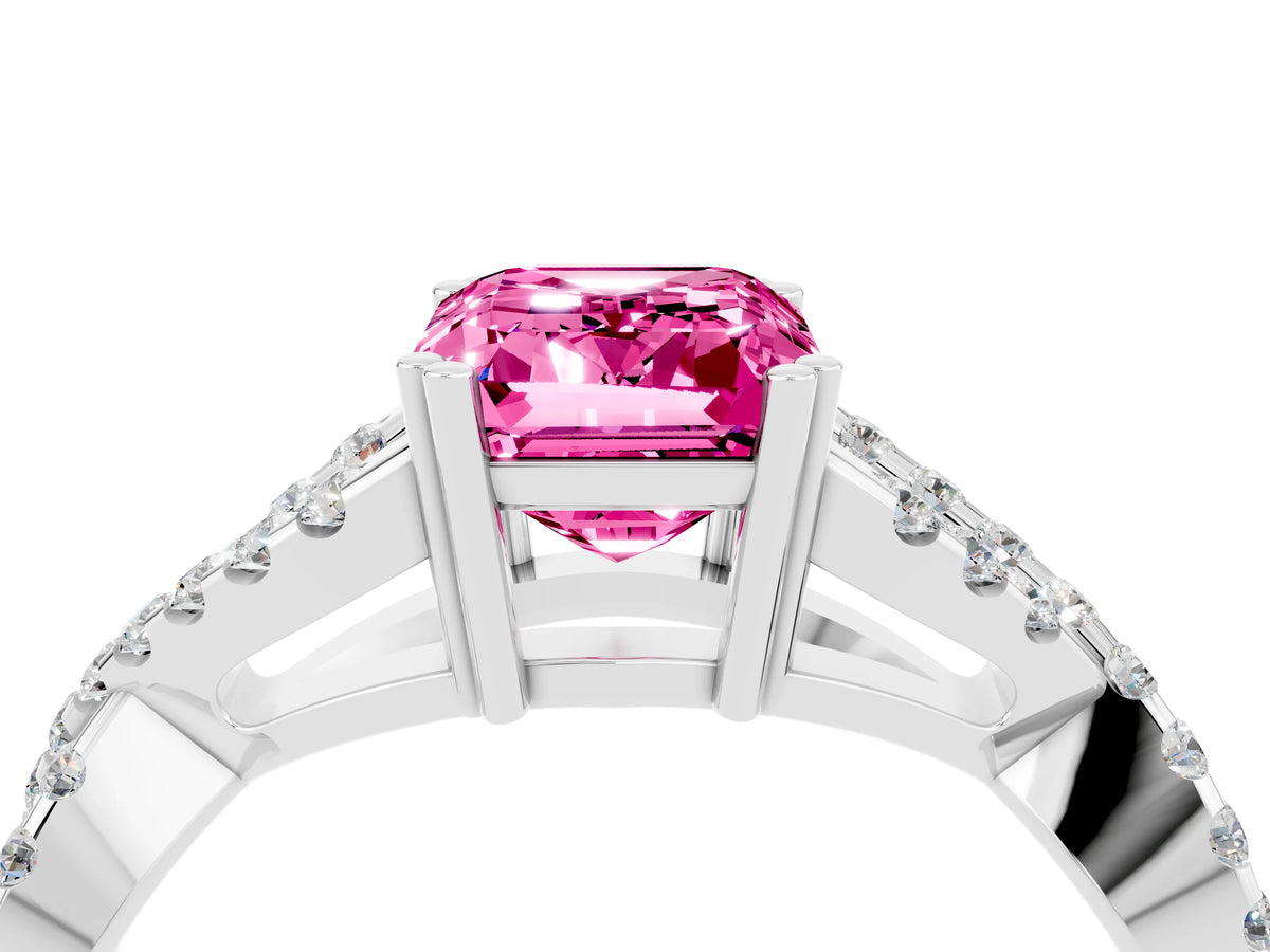Emerald Cut Pink Sapphire Solitaire Ring in Silver with Interwoven Pavé Band and Prong Setting_10