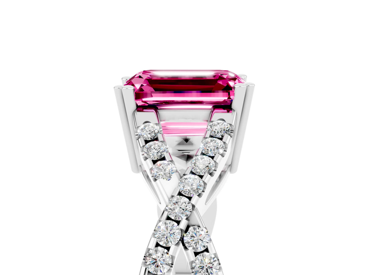 Emerald Cut Pink Sapphire Solitaire Ring in Silver with Interwoven Pavé Band and Prong Setting_11
