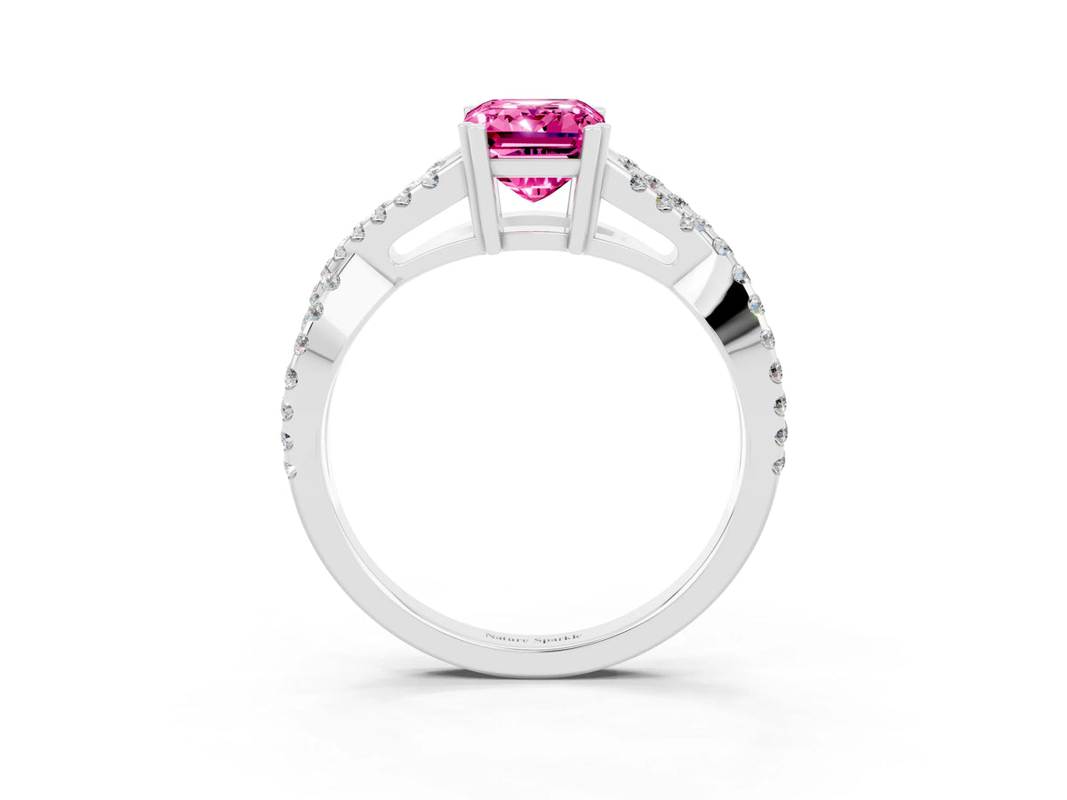 Emerald Cut Pink Sapphire Solitaire Ring in Silver with Interwoven Pavé Band and Prong Setting_9