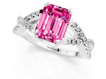 Emerald Cut Pink Sapphire Solitaire Ring in White gold with Interwoven Pavé Band and Prong Setting_1