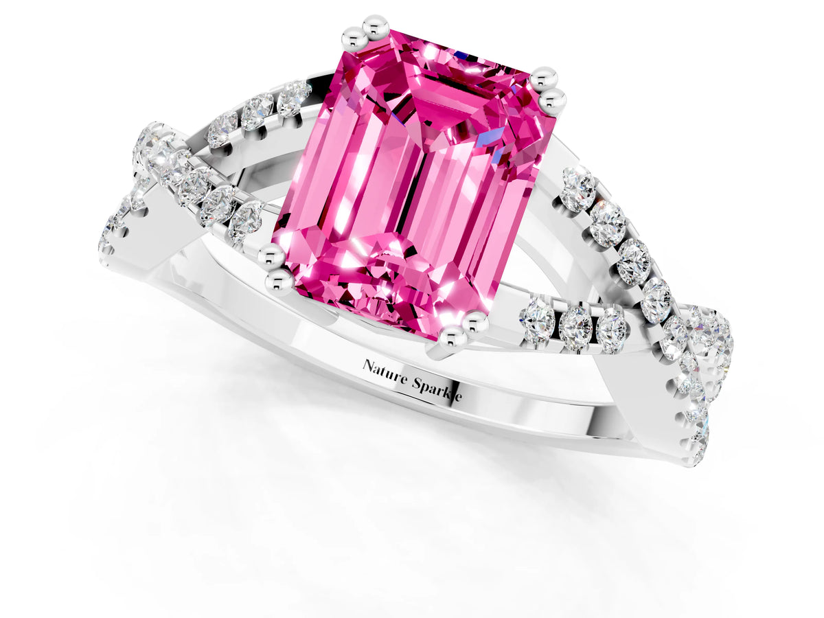 Emerald Cut Pink Sapphire Solitaire Ring in White gold with Interwoven Pavé Band and Prong Setting_1