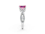 Emerald Cut Pink Sapphire Solitaire Ring in White gold with Interwoven Pavé Band and Prong Setting_2