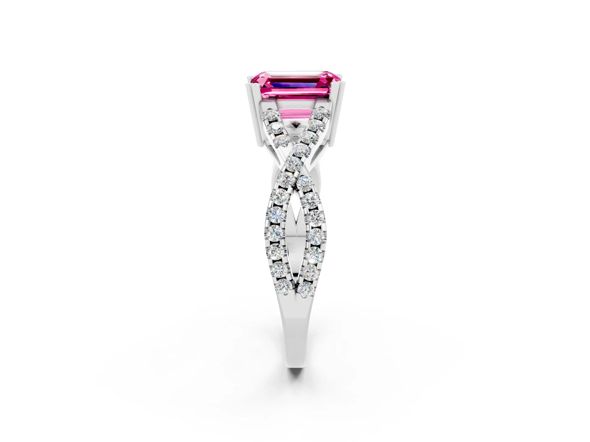 Emerald Cut Pink Sapphire Solitaire Ring in White gold with Interwoven Pavé Band and Prong Setting_2