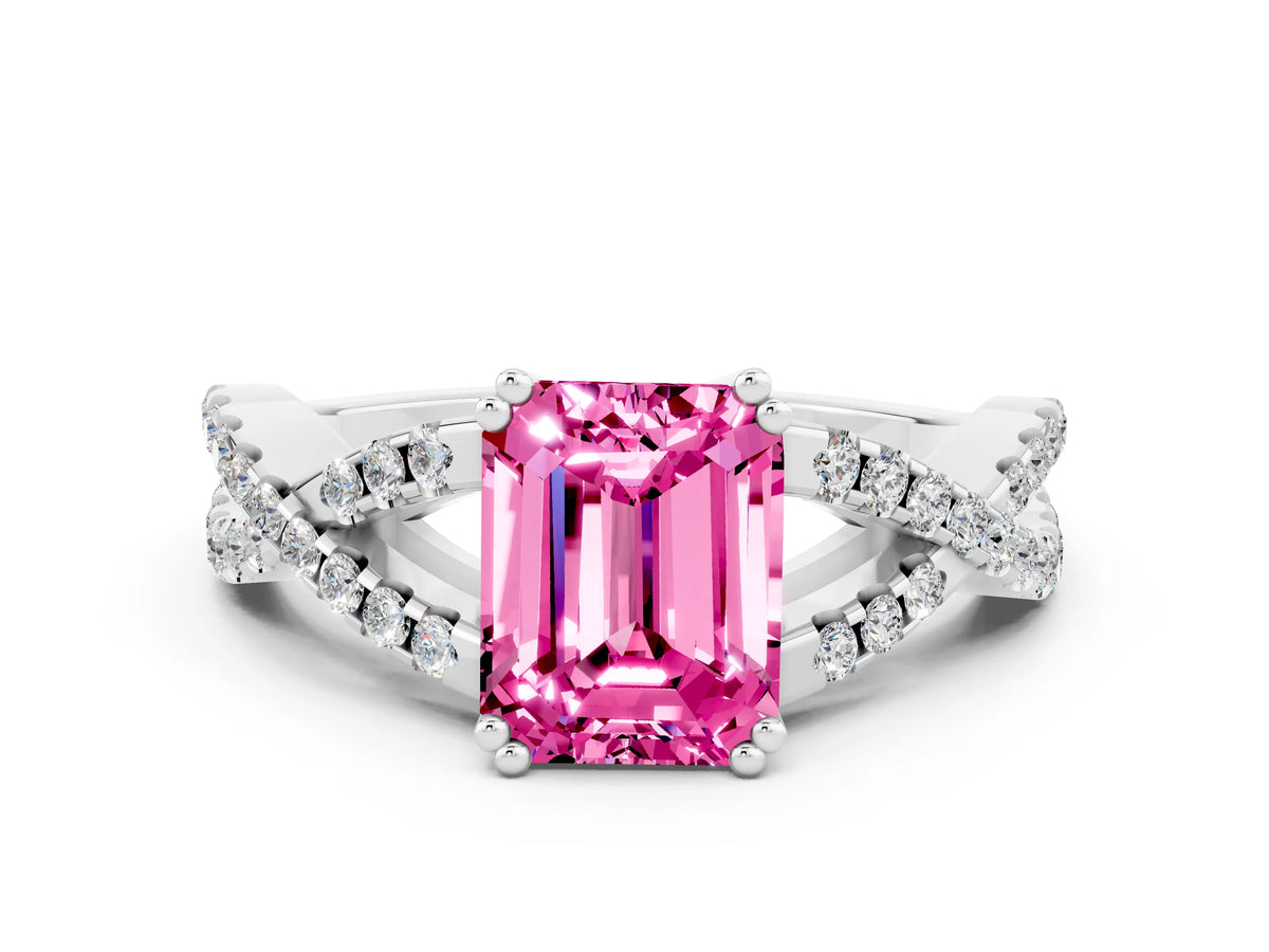 Emerald Cut Pink Sapphire Solitaire Ring in White gold with Interwoven Pavé Band and Prong Setting