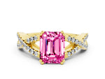 Emerald Cut Pink Sapphire Solitaire Ring in Yellow gold with Interwoven Pavé Band and Prong Setting
