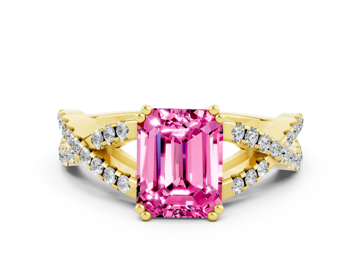 Emerald Cut Pink Sapphire Solitaire Ring in Yellow gold with Interwoven Pavé Band and Prong Setting